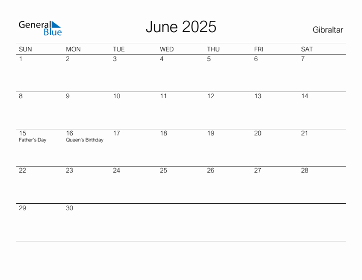 Printable June 2025 Calendar for Gibraltar