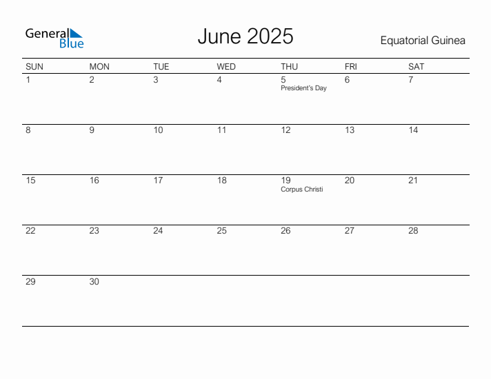 Printable June 2025 Calendar for Equatorial Guinea