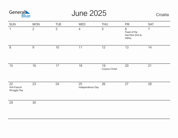 Printable June 2025 Calendar for Croatia
