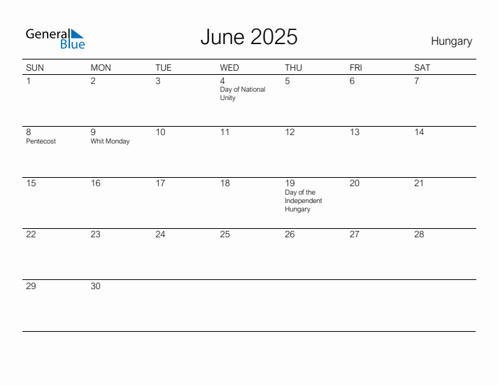 Printable June 2025 Calendar for Hungary