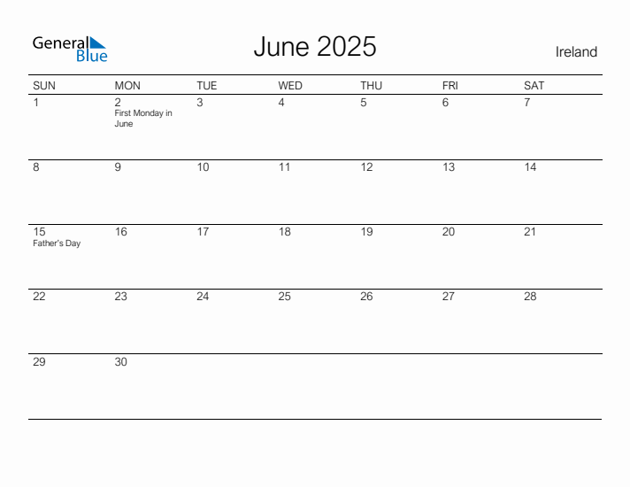 Printable June 2025 Calendar for Ireland