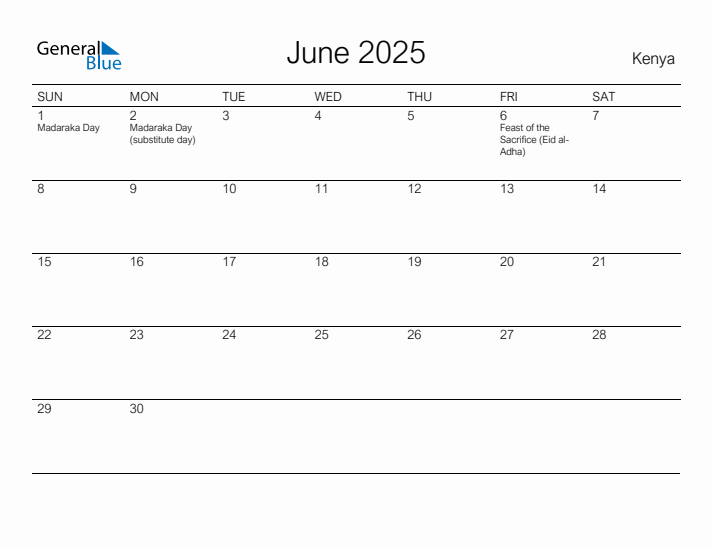 Printable June 2025 Calendar for Kenya