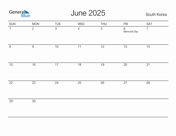 Printable June 2025 Calendar for South Korea
