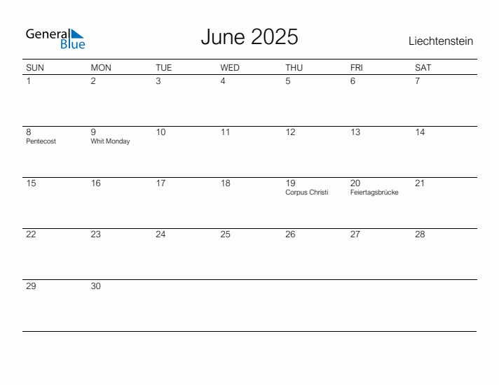 Printable June 2025 Calendar for Liechtenstein