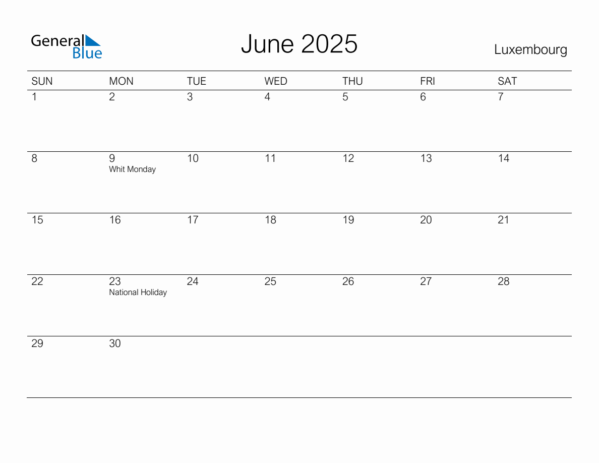 Printable June 2025 Monthly Calendar with Holidays for Luxembourg