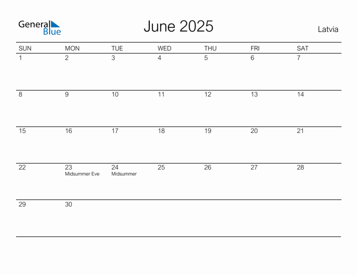 Printable June 2025 Calendar for Latvia