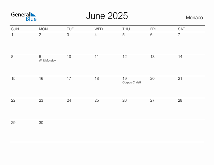 Printable June 2025 Calendar for Monaco