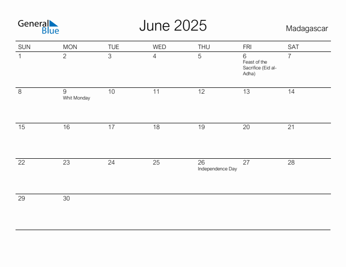 Printable June 2025 Calendar for Madagascar