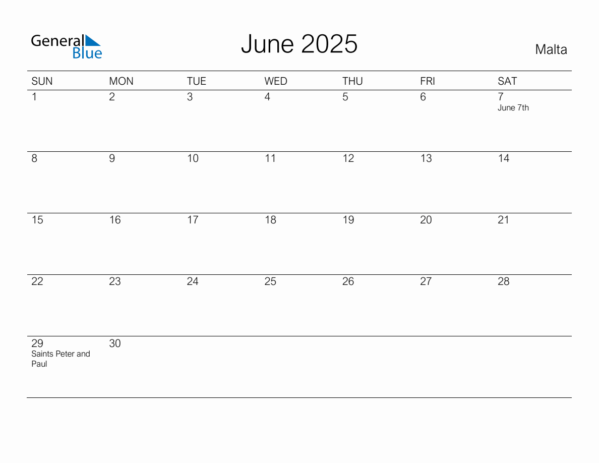 Printable June 2025 Monthly Calendar with Holidays for Malta