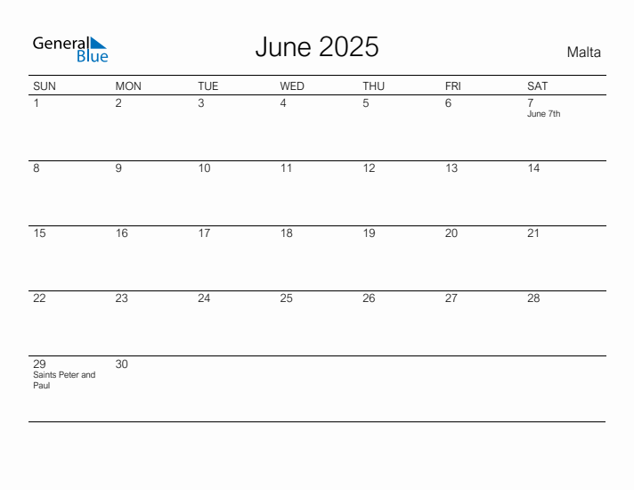 Printable June 2025 Calendar for Malta