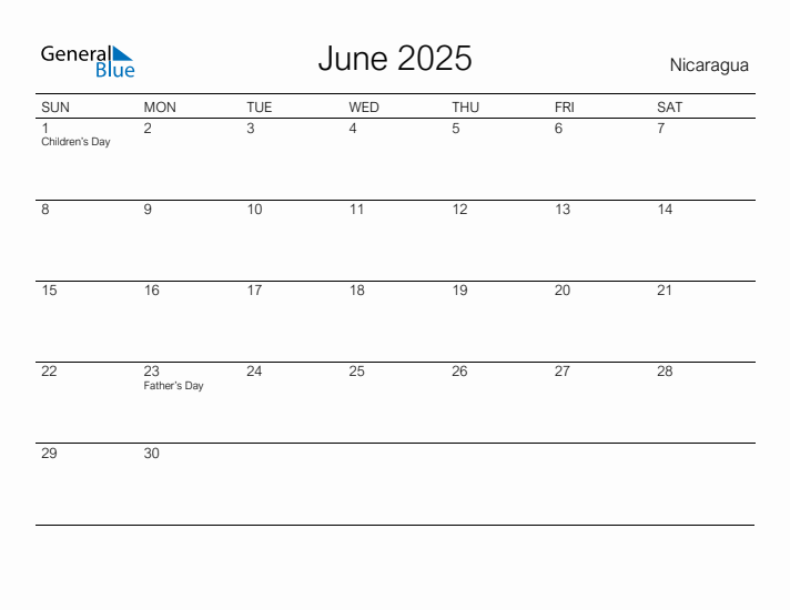 Printable June 2025 Calendar for Nicaragua