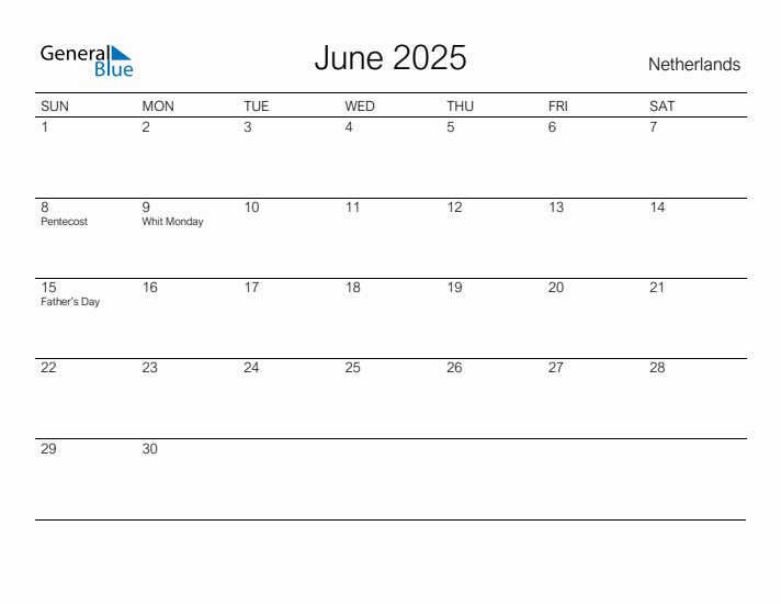 Printable June 2025 Calendar for The Netherlands