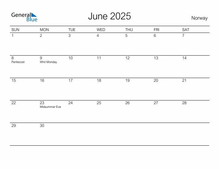 Printable June 2025 Calendar for Norway