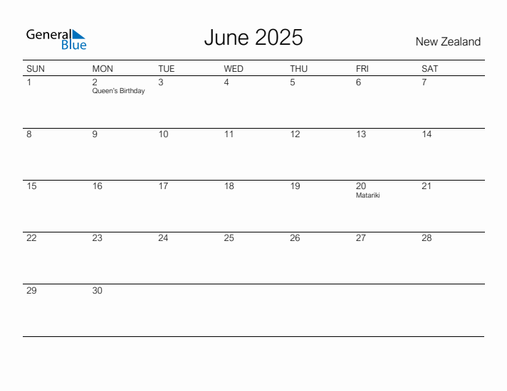 Printable June 2025 Calendar for New Zealand