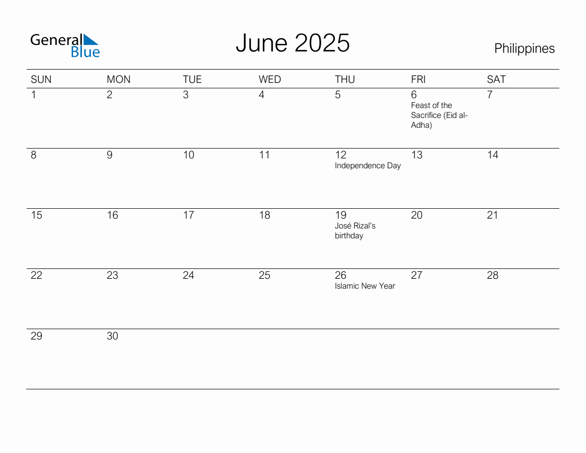 Printable June 2025 Monthly Calendar with Holidays for Philippines