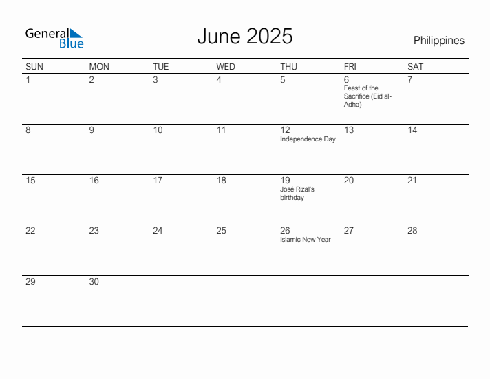 June 2025 Monthly Calendar with Philippines Holidays