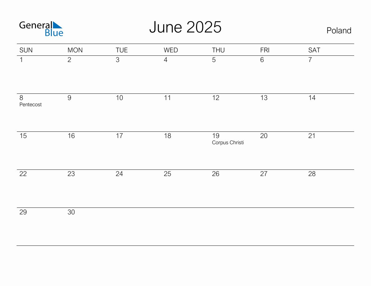 Printable June 2025 Monthly Calendar with Holidays for Poland