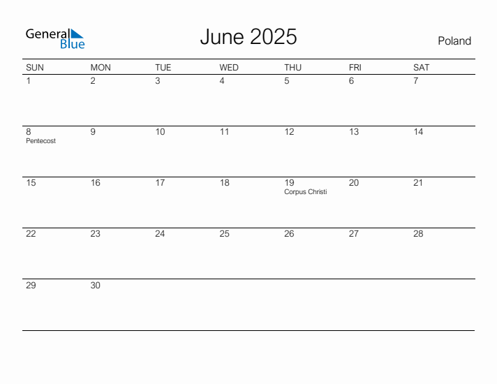 Printable June 2025 Calendar for Poland