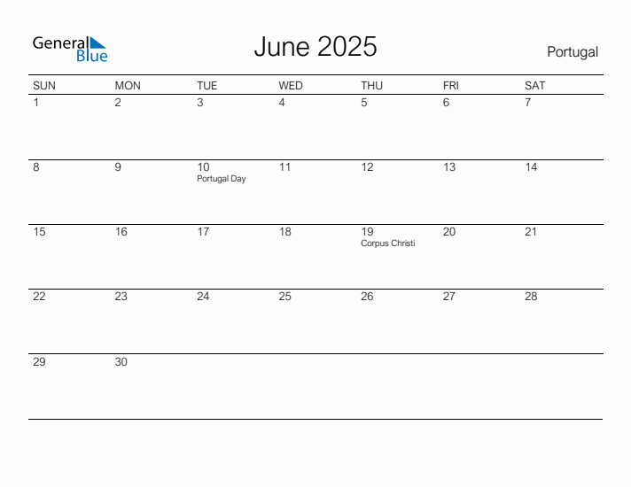Printable June 2025 Calendar for Portugal