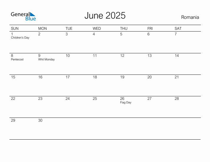 Printable June 2025 Calendar for Romania