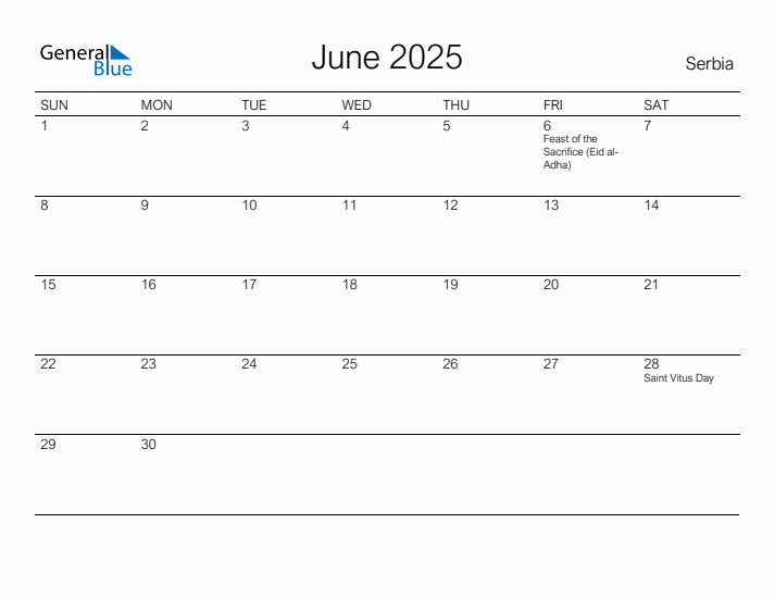 Printable June 2025 Calendar for Serbia