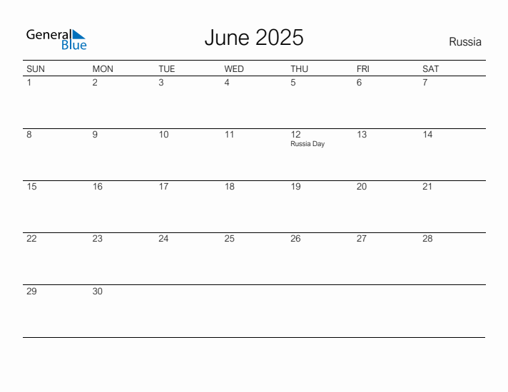 Printable June 2025 Calendar for Russia