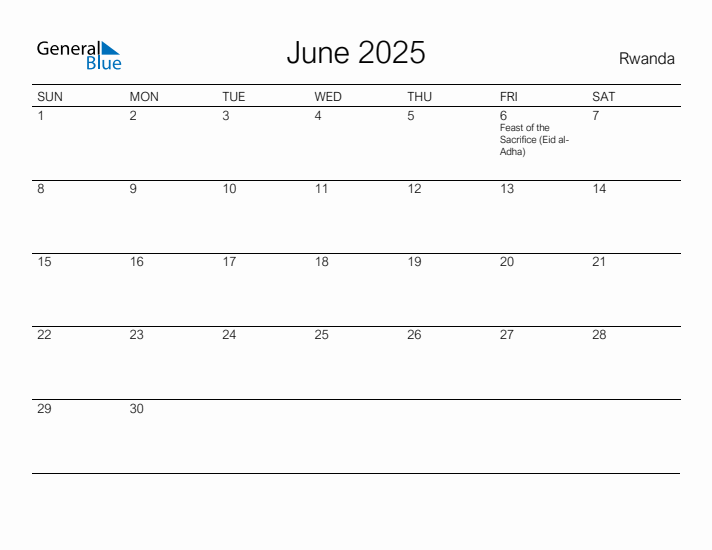 Printable June 2025 Calendar for Rwanda
