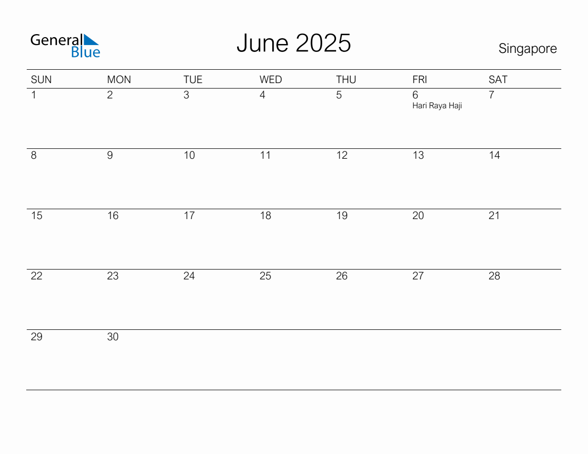 Printable June 2025 Monthly Calendar with Holidays for Singapore