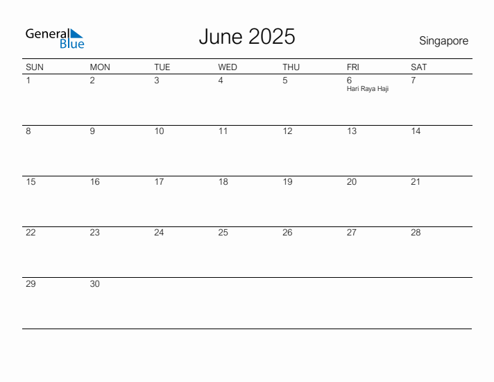 Printable June 2025 Calendar for Singapore