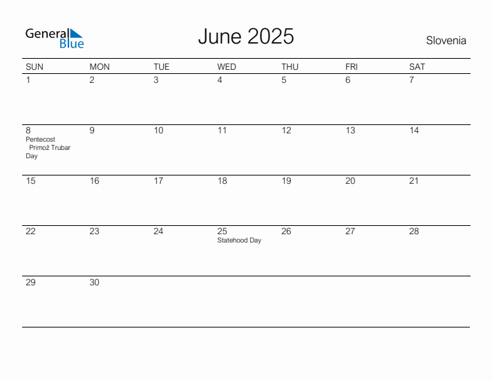 Printable June 2025 Calendar for Slovenia