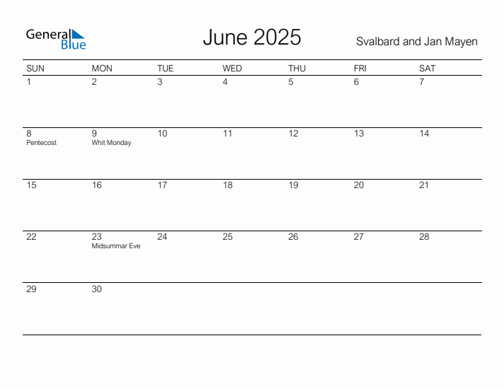 Printable June 2025 Calendar for Svalbard and Jan Mayen