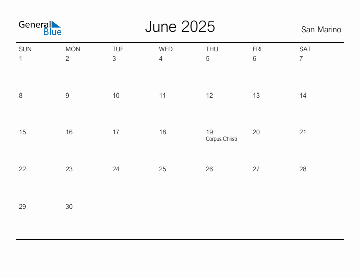 Printable June 2025 Monthly Calendar with Holidays for San Marino