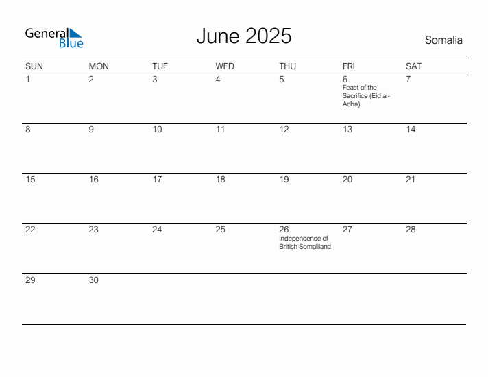 Printable June 2025 Calendar for Somalia