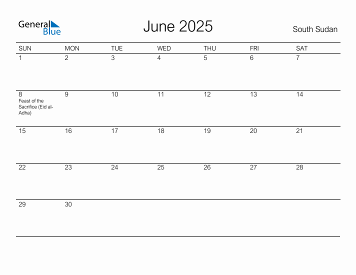 Printable June 2025 Calendar for South Sudan