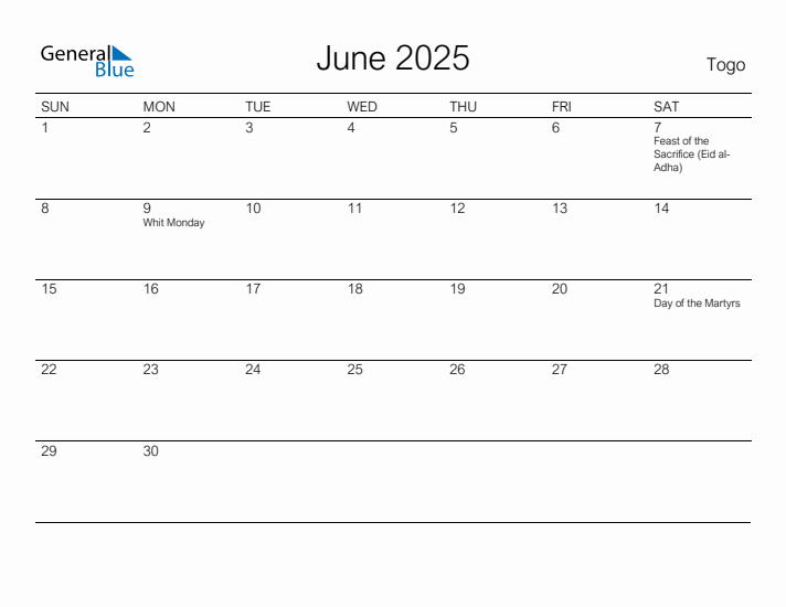 Printable June 2025 Calendar for Togo