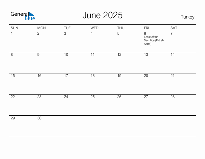 Printable June 2025 Calendar for Turkey