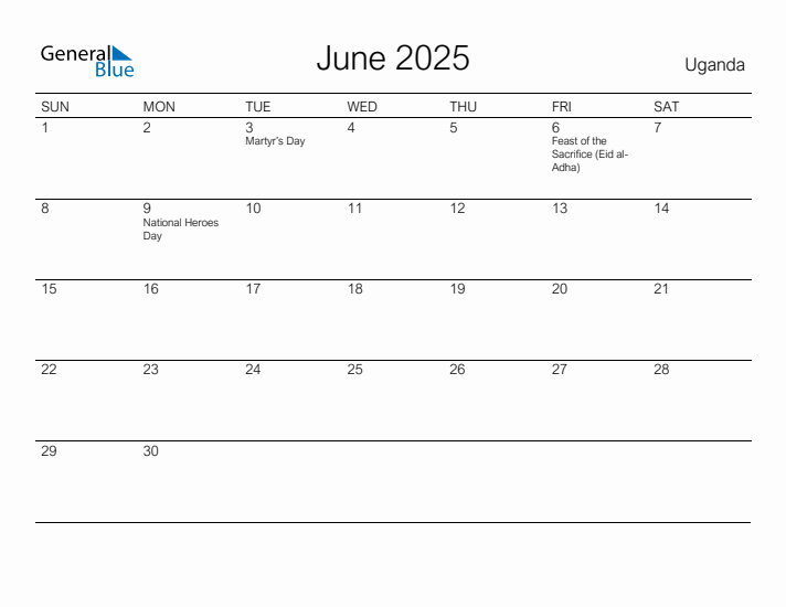 Printable June 2025 Calendar for Uganda