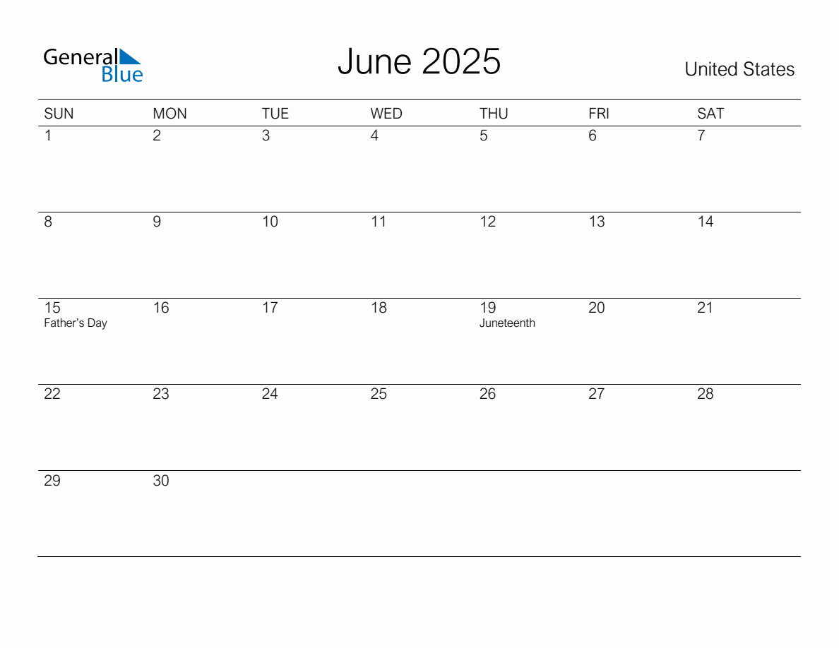 Printable June 2025 Monthly Calendar with Holidays for United States