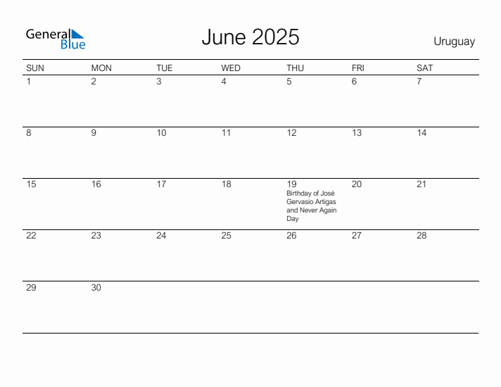 June 2025 Calendar with Uruguay Holidays