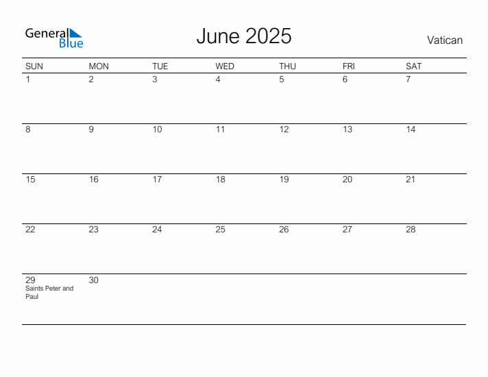 Printable June 2025 Calendar for Vatican