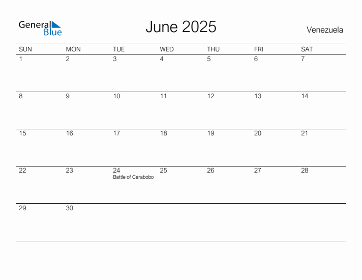 Printable June 2025 Calendar for Venezuela