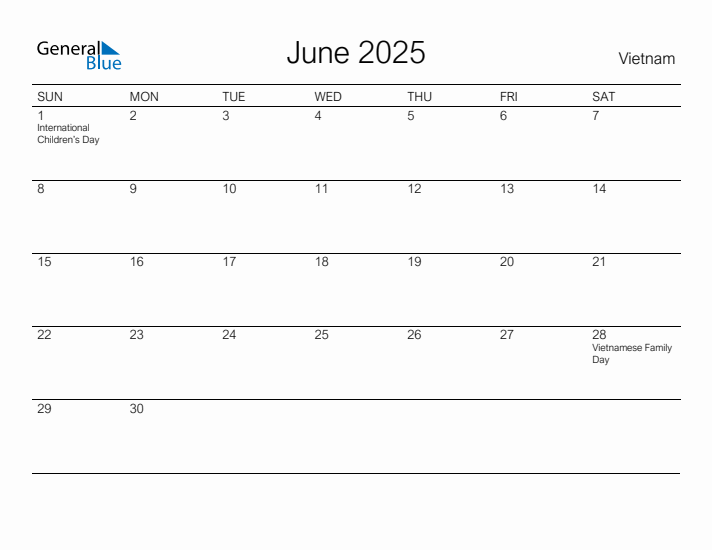 Printable June 2025 Calendar for Vietnam