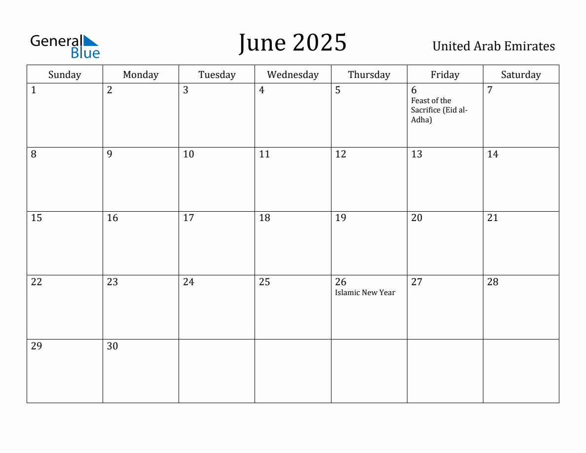 June 2025 Monthly Calendar with United Arab Emirates Holidays