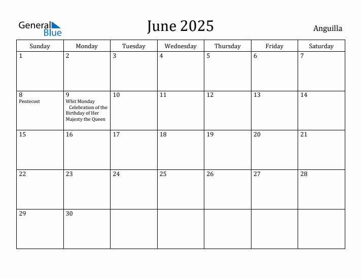 June 2025 Calendar with Anguilla Holidays