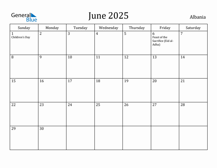 June 2025 Calendar Albania
