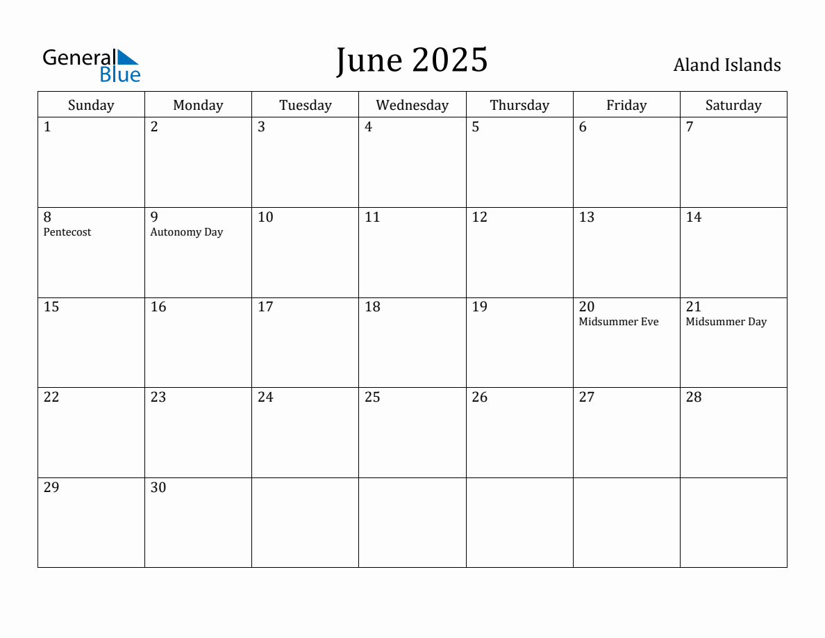 June 2025 Monthly Calendar with Aland Islands Holidays