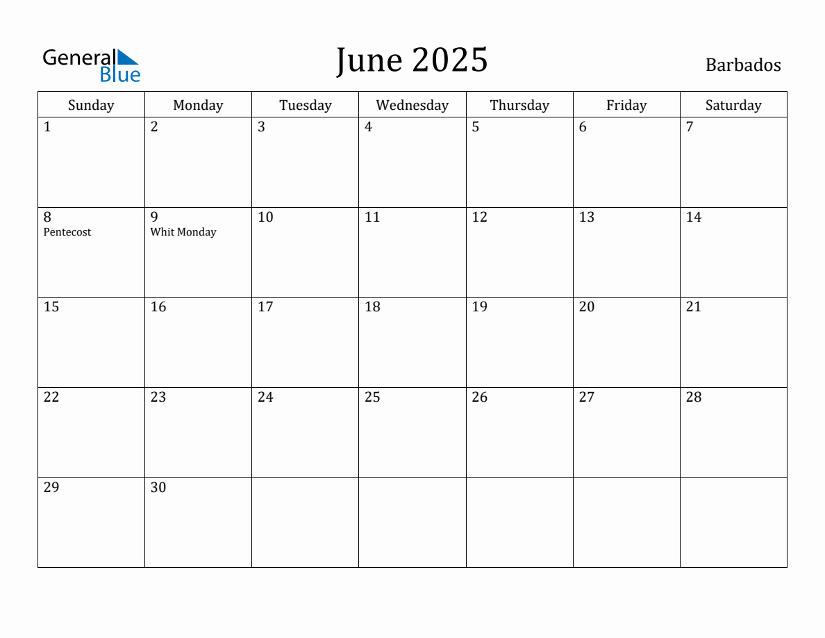June 2025 Monthly Calendar with Barbados Holidays