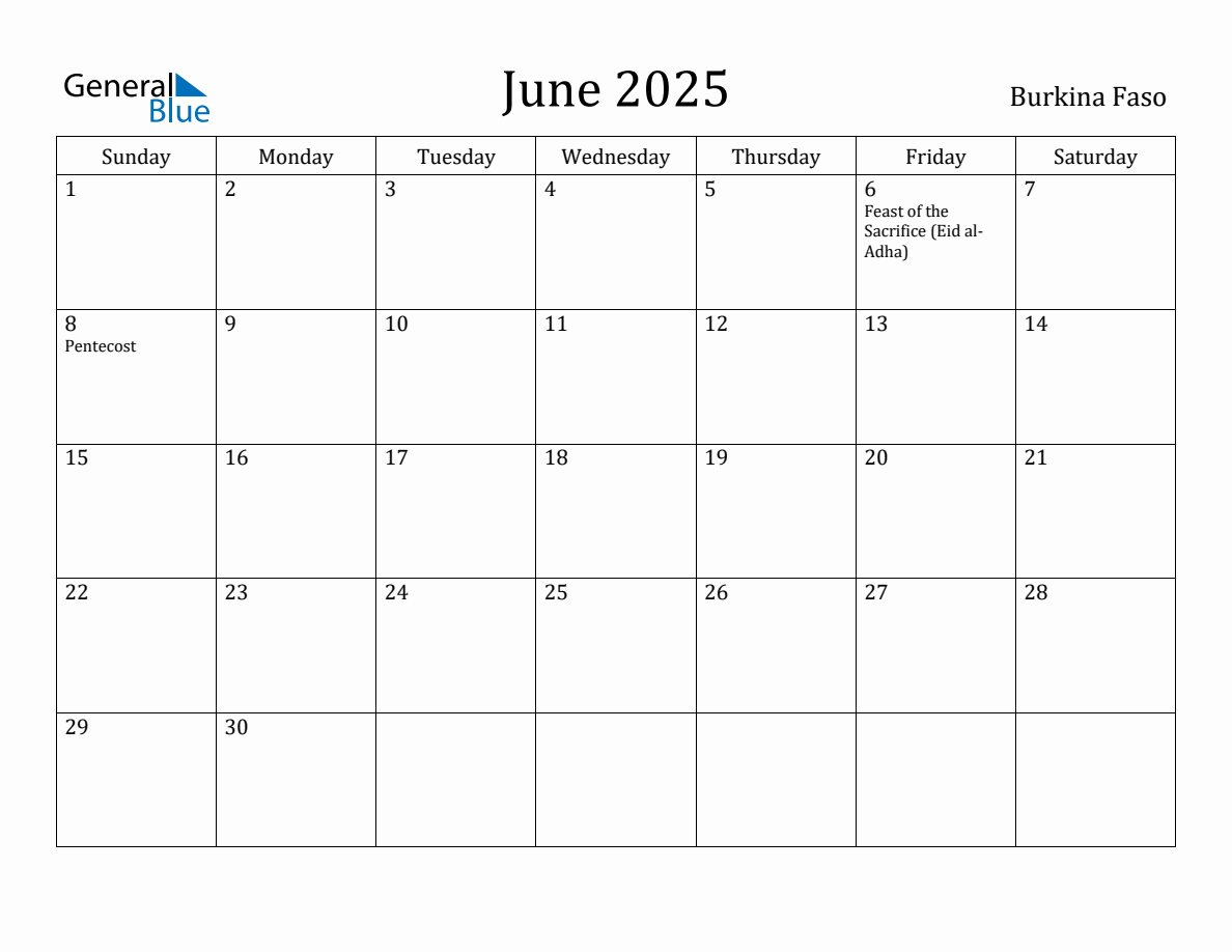 June 2025 Monthly Calendar with Burkina Faso Holidays