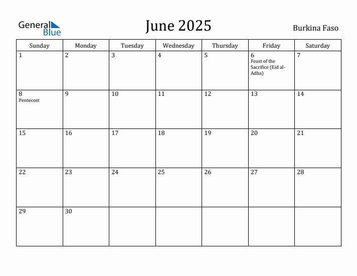 June 2025 Calendar Burkina Faso