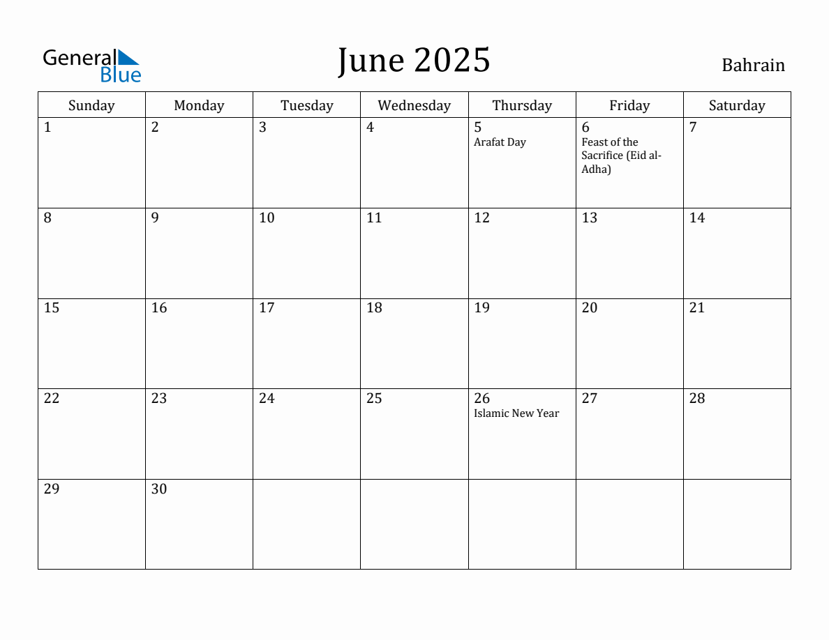 June 2025 Monthly Calendar with Bahrain Holidays